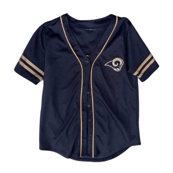 Blue Gold Rams Button Up Jersey Womens Medium Short Sleeve - Picture 2 of 8